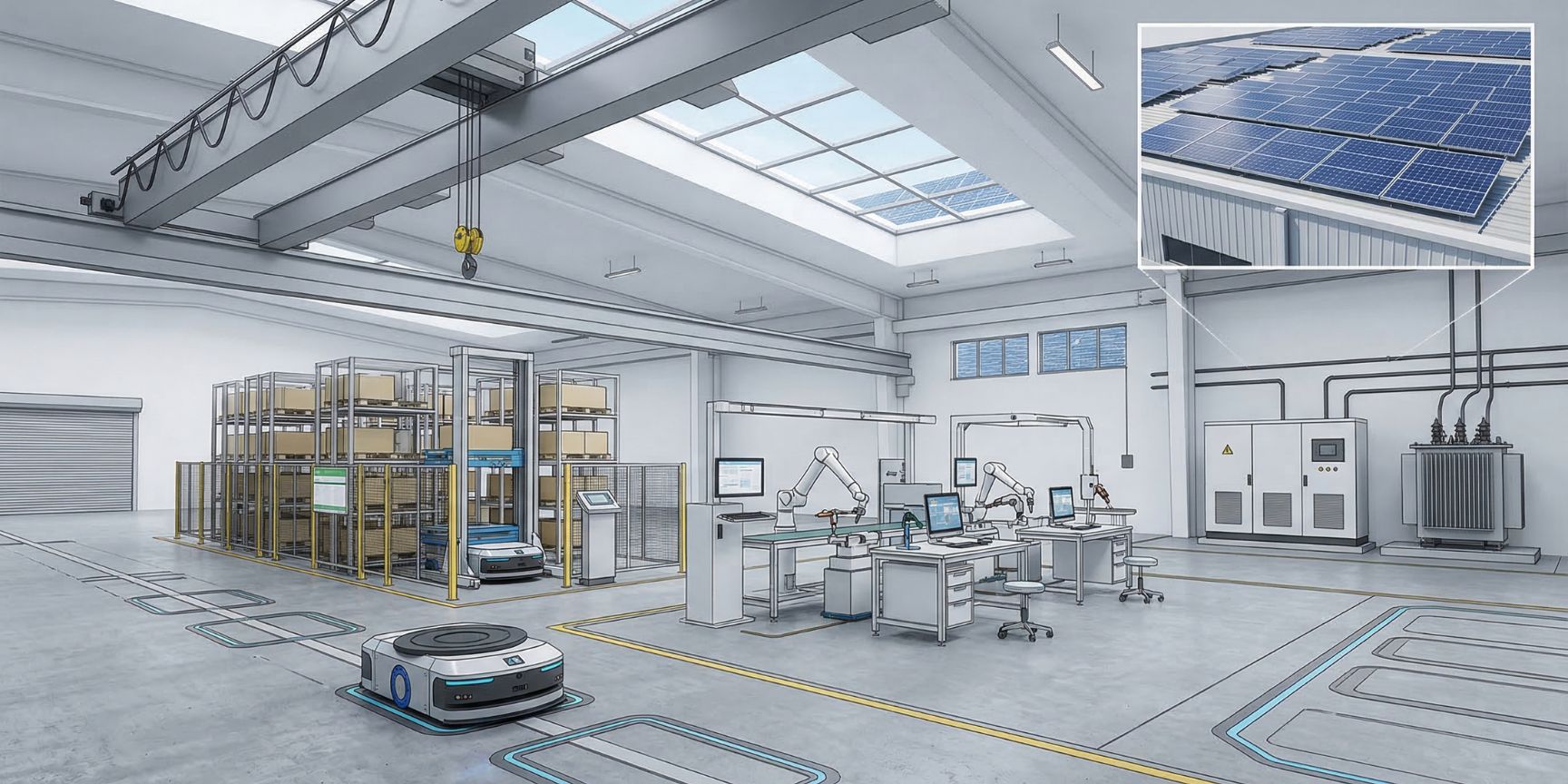 Interior view of the dual-use hall: Assembly robots and automated stations work on resilient floors; in the background a modern transformer station, solar roof visible.